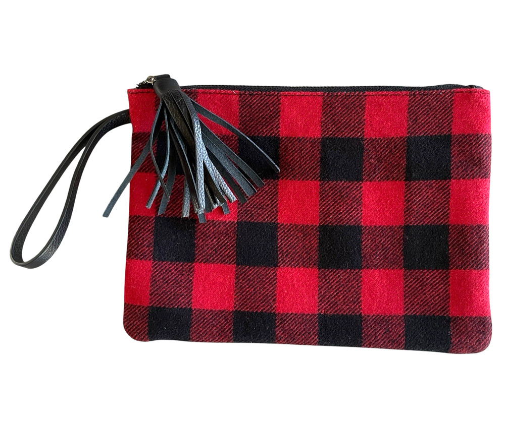 J. JILL Red Black Buffalo Plaid Wool Blend Leather Tassel Clutch Wristlet Bag